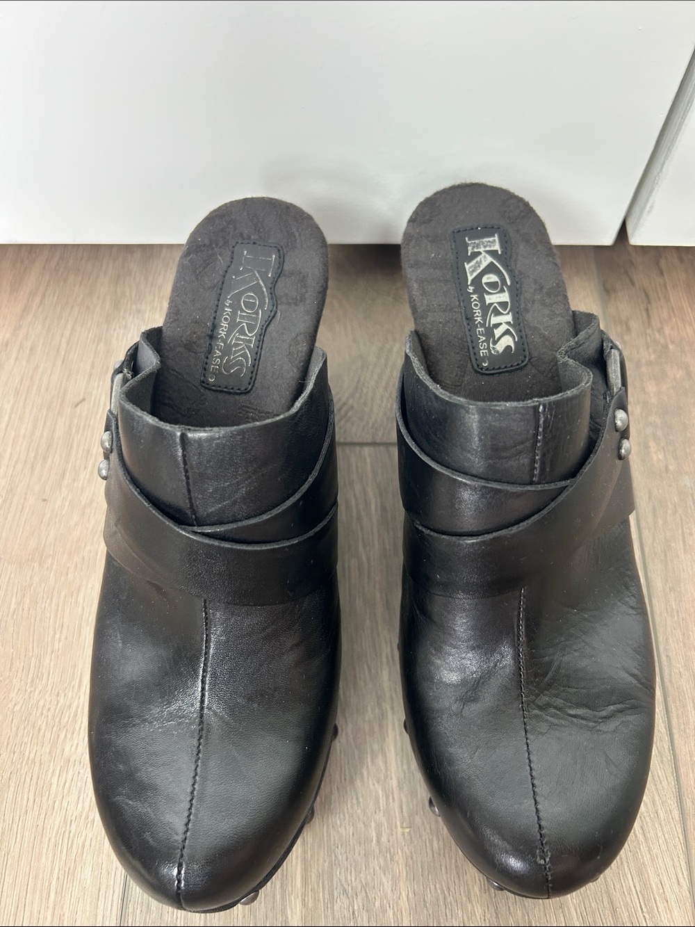 Kork-Ease Black Leather Slip-On Mules with Strap Detail